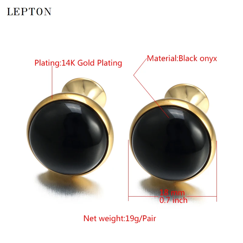 Low-key Luxury Black Onyx Cufflinks for Mens Business Lepton High Quality Gold Color Round Onyx Stone Cuff links Relojes gemelos