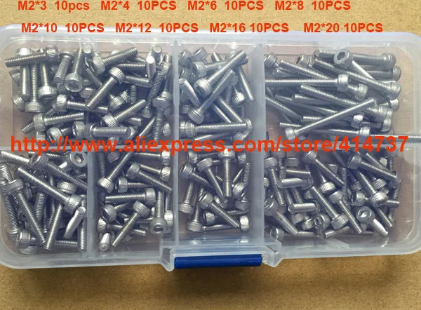 90pcs/lot 9 Type DIN912 Stainless Steel M2 Hex socket screw kit m2*3/ 4/5/6/8/10/12/16/20