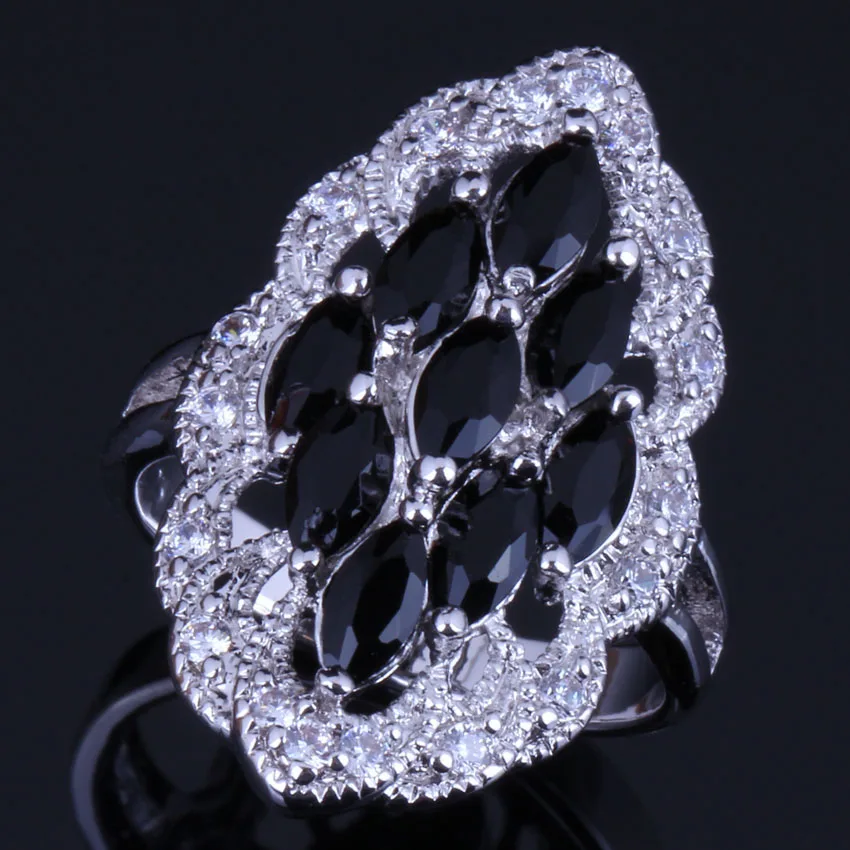 Good-Looking Oval Black Cubic Zirconia White CZ Silver Plated Ring V0592