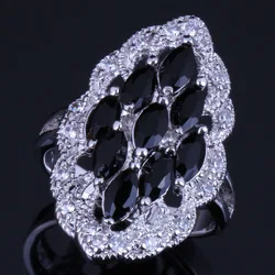Good-Looking Oval Black Cubic Zirconia White CZ Silver Plated Ring V0592