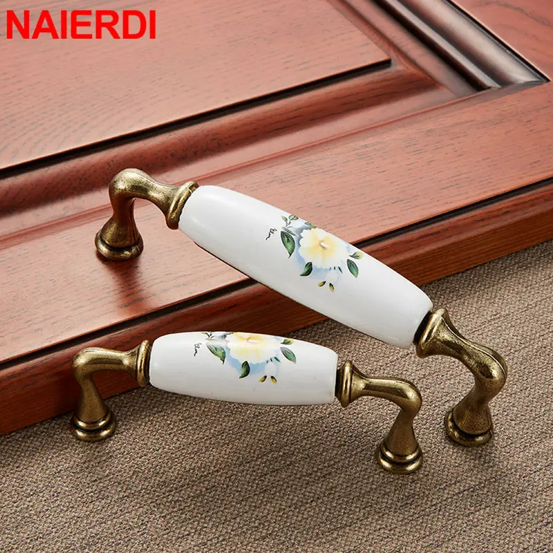 NAIERDI Peony Ceramic Cabinet Handles Zinc Alloy Drawer Knobs Wardrobe Door Handles Furniture Cabinet Pulls Handle 96mm/128mm