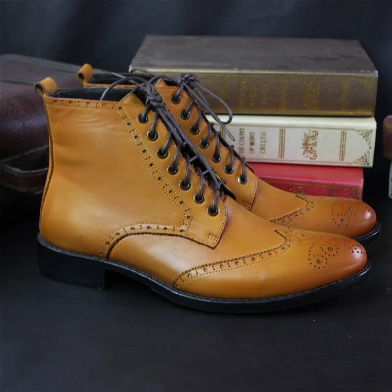 MALONEDE Mens Bespoke Handmade Retro Brogue Dress Boots Full Genuine Leather Lace up Short Boots Made With Goodyear Welted