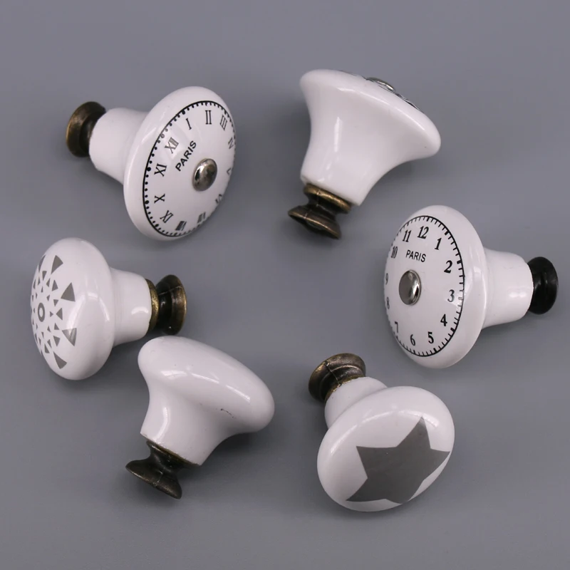 1PCS Kitchen Door Cabinets Cupboard Round Knobs Handles Star Clock Printed White Ceramic Porcelain Pull Handle Knob for kid room