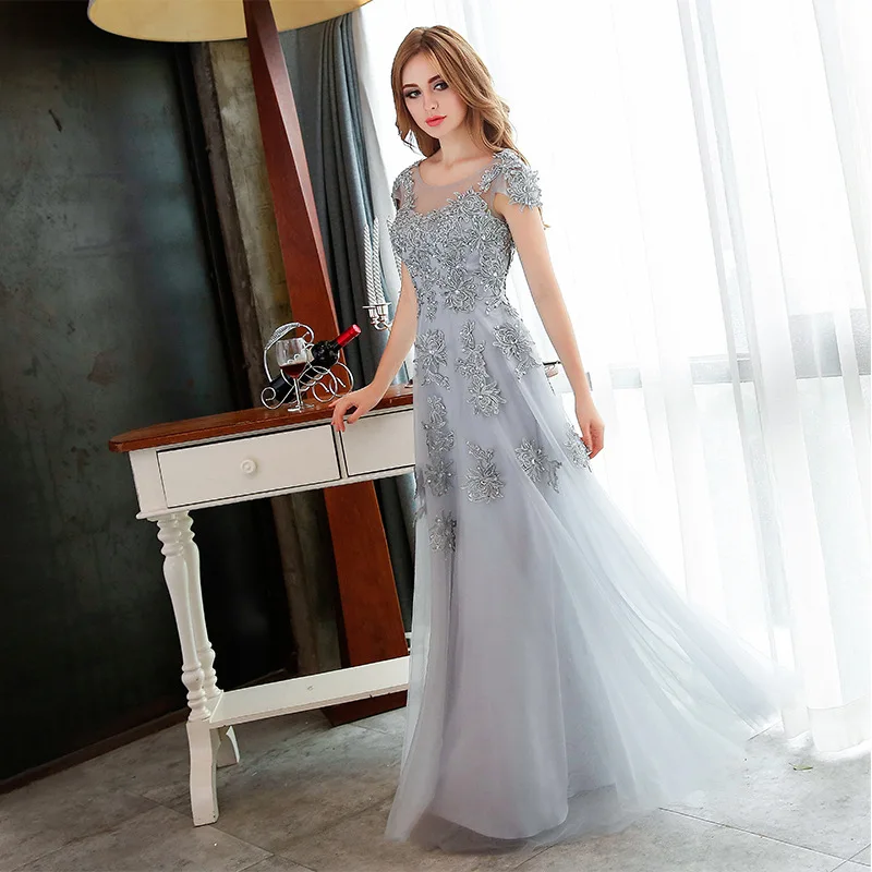 long evening dresses 2017 hot Silver grey lace embroidery beading party gown bridal banquet elegant slim prom dress plus size