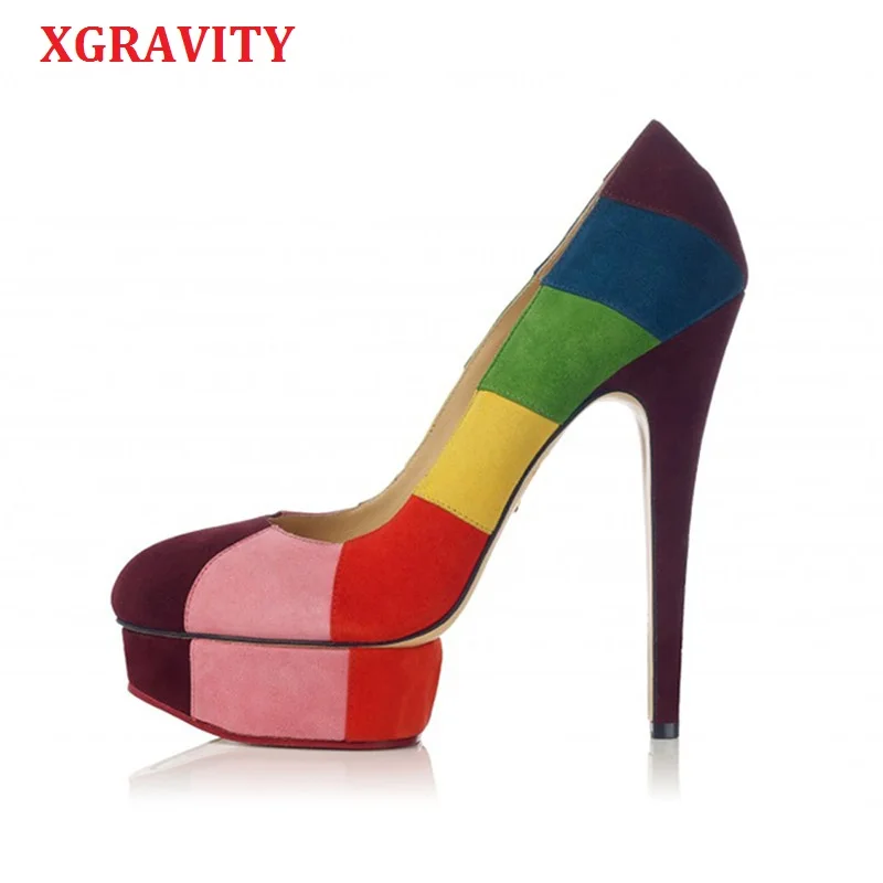 

XGRAVITY New Colorful Rainbow Super High Heel Round Toe Shoes Elegant Genuine Leather Platform Pumps Female Shoes Mix Color C320