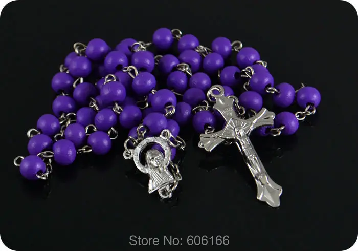 12x Purple Wood Rosary Beads INRI JESUS Cross Crucifix Pendant Necklace Our Lady Catholic Fashion Religious jewelry Wholesale