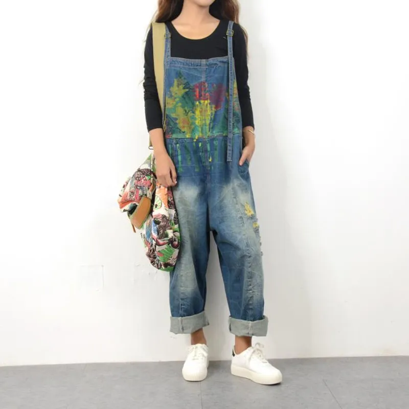 Free Shipping 2021 New Spring And Summer Plus Size Denim Bib Pants Female Trousers Loose Jumpsuits With holes Painted Jumpsuit