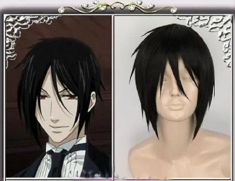 High Quality Black Butler Sebastian Michaelis Wig Short Black Heat Resistant Synthetic Hair Cosplay Wigs + Wig Cap