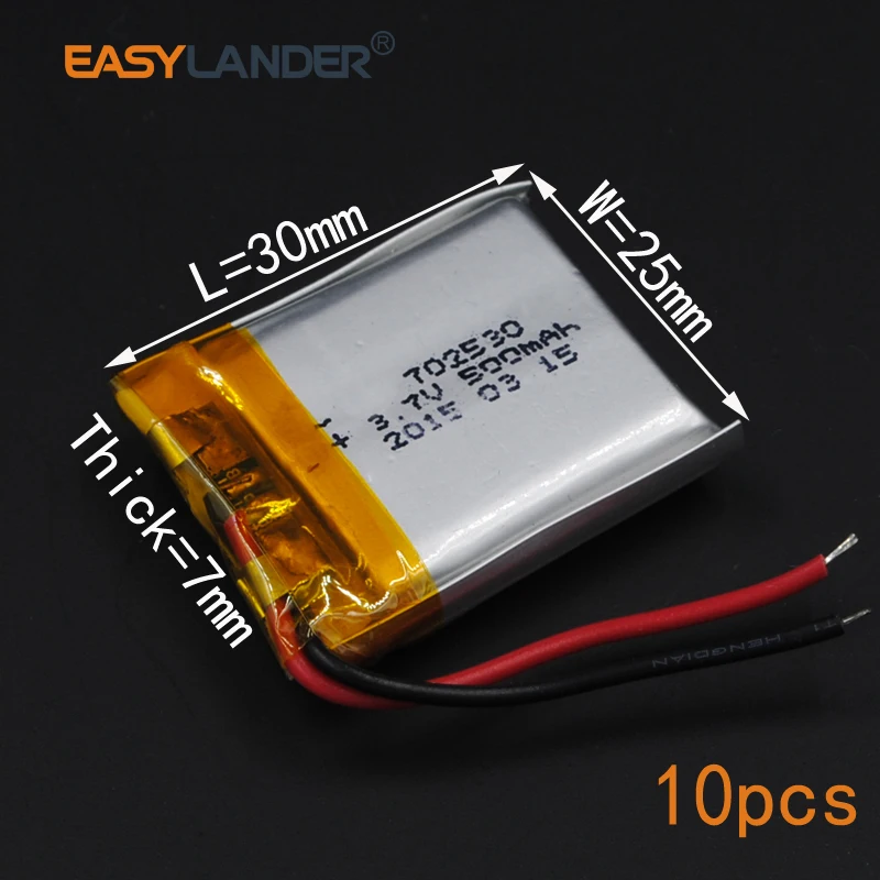 10pcs/Lot 3.7V 702530 500mAh Rechargeable Lithium Li-ion Polymer Battery 072530