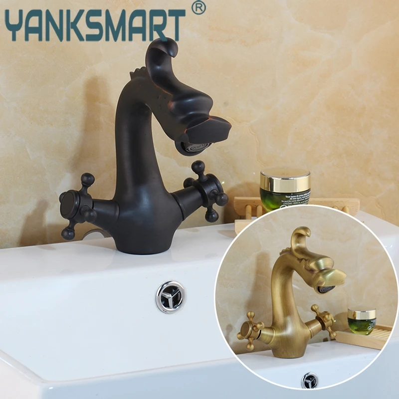 YANKSMART Bathroom Dragon Design Faucet Antique Brass Black Basin Faucets Luxury Sink Tap Washbasin Deck Mounted Mixer Faucet