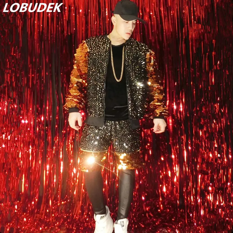 Tide Male Bar Singer DJ DS Costume Set Musical Vocal Concert Performance Clothes Gold Red Sequins Hip Hop Rock Dancer Stage Suit