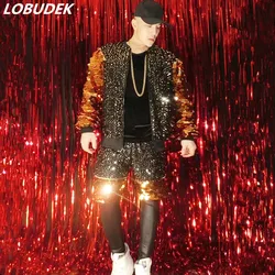 Tide Male Bar Singer DJ DS Costume Set Musical Vocal Concert Performance Clothes Gold Red Sequins Hip Hop Rock Dancer Stage Suit