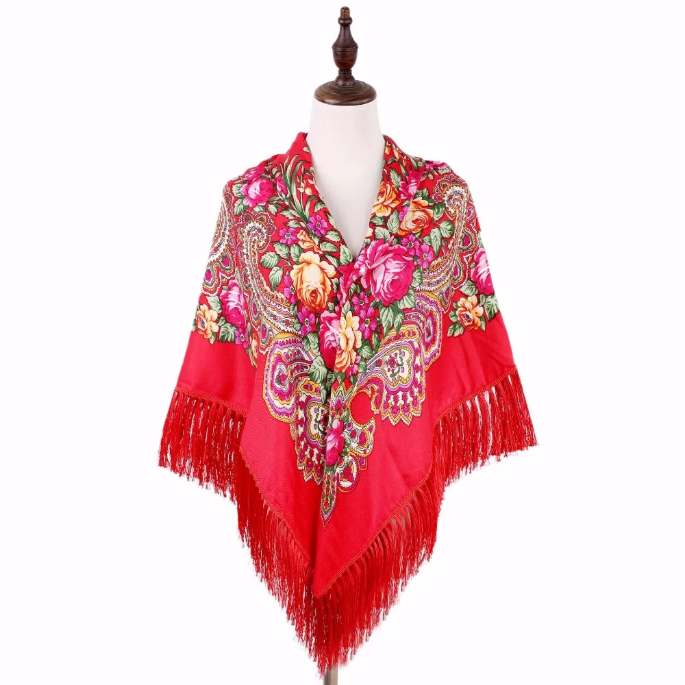 Fashion folk art 140*140 National Wind Twill Cotton and silk Tassel Russian Style high qualiy Print Scarf Shawl Floral Headscarf