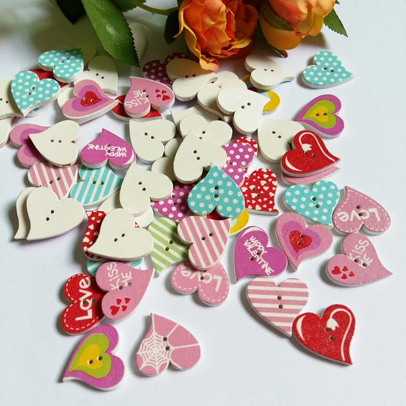 50PCs Red Heart Pattern Decorative Buttons 2-Hole Sewing Scrapbooking Craft  Mixed Wooden Buttons