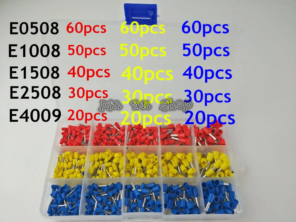 600Pcs / BOX  Insulated Cord End Terminal Bootlace Cooper Ferrules Kit Set Wire Copper Crimp Connector E0508 E1008 E1508 E2508