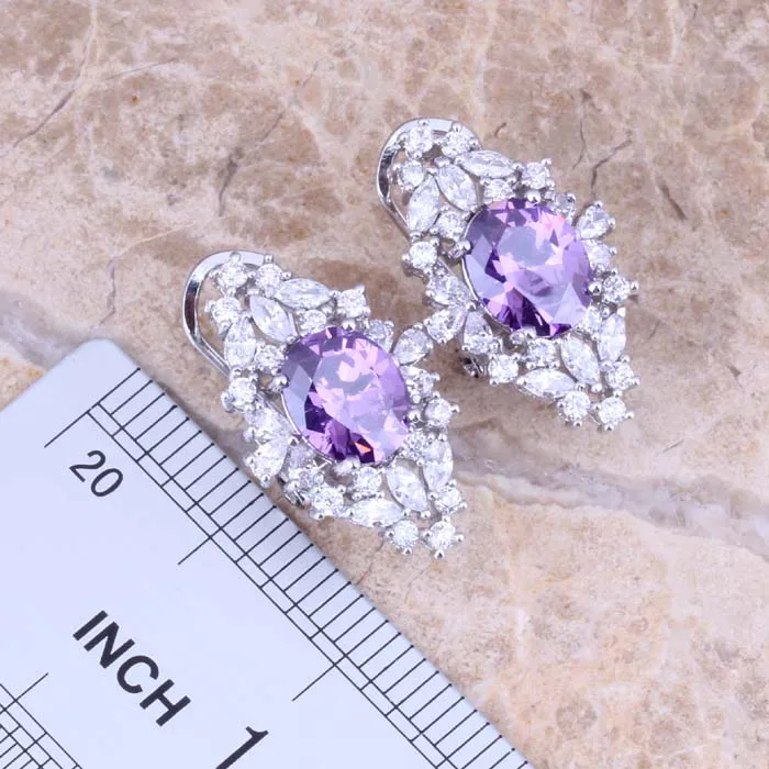 Noblest Purple Cubic Zirconia White CZ Silver Plated Earrings Pendant Necklace Fashion Jewelry Sets S0798