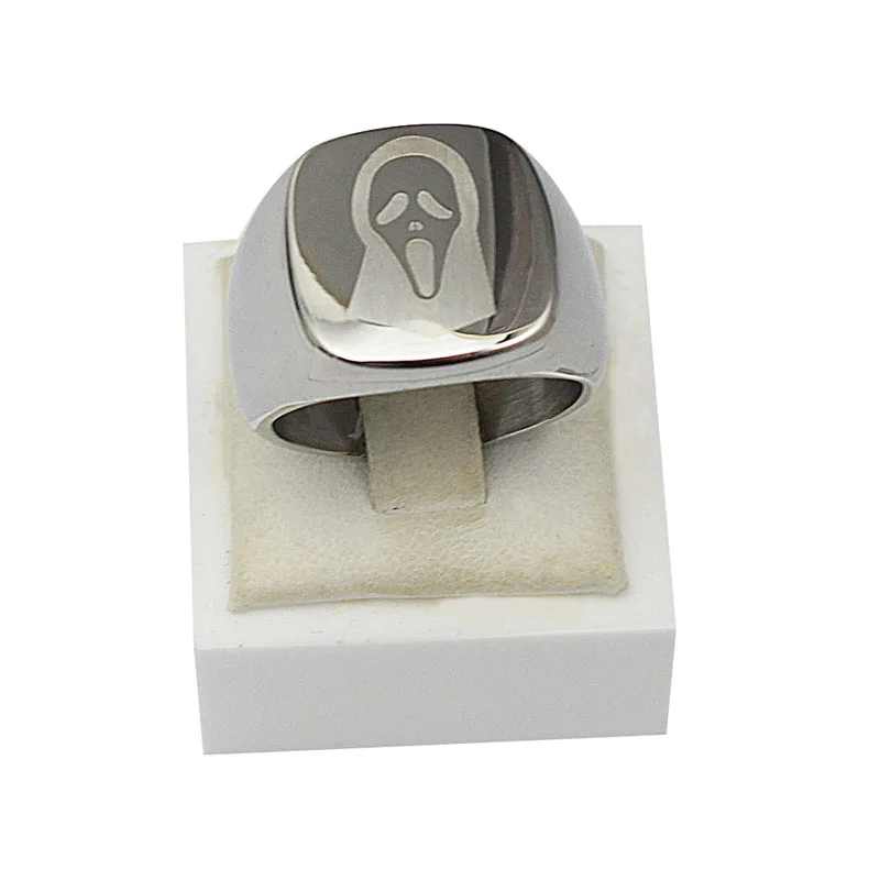 Unisex Halloween Fashion Jewelry Gift Finger Ring Silver Color Square Stainless Steel Ghostly Face Ring Size 7 11 6 10 8 9