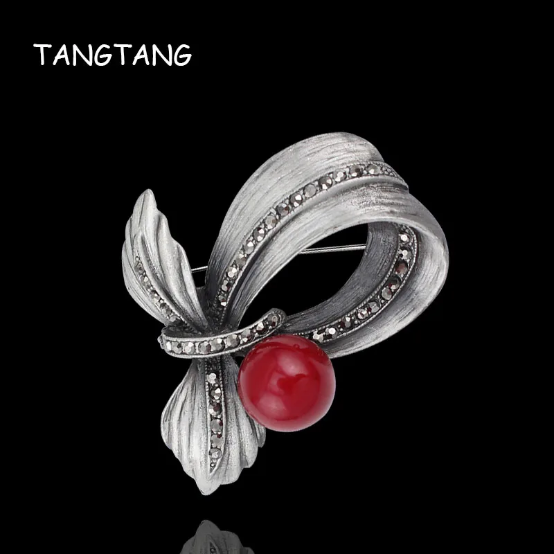 New Black Personality Charming Tin Alloy Brooch With Red Natual Stone / Gray Simulated Pearl Rhinestone Pin, Item NO.: BH7927