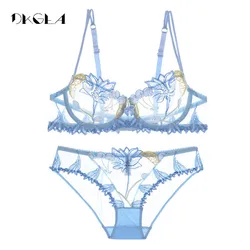 2020 Fashion Flowers Embroidery Lingerie Set Lace Blue Transparent Underwear Set Women Sexy Hollow Out See Through Bra Pink