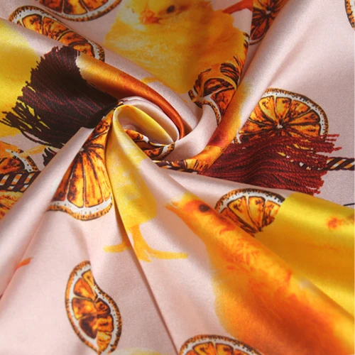 Lemon and chicken digital inkjet stretch silk satin fabric 20mm drape shirt dress silk stretch fabric wholesale silk cloth