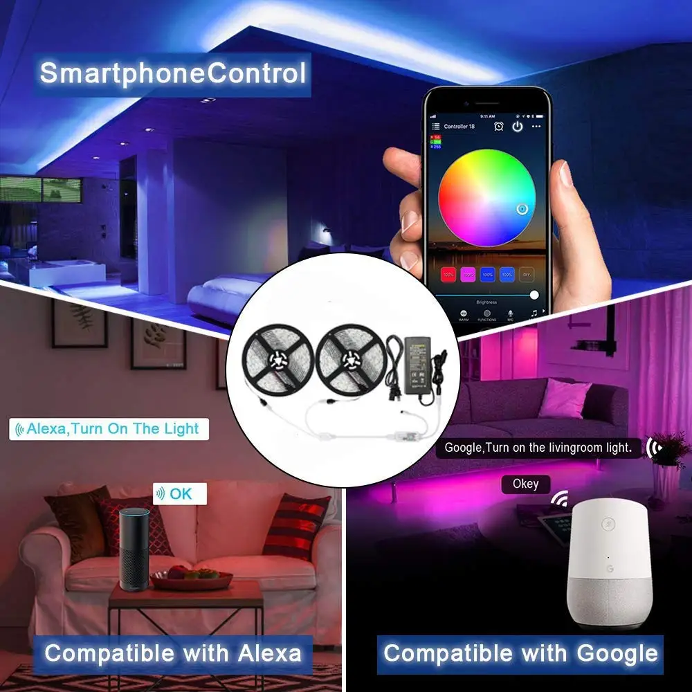 5050 RGB LED Strip Phone Control Wireless WiFi Tape Works With Amazon Alexa Google Home IFFFT DC 12V Flexible Strip Light+Power