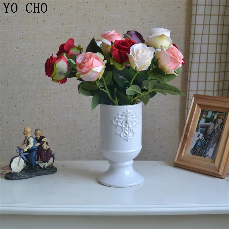 YO CHO  Artificial Silk Rose Bouquet   Fake Flower   Arrange Table  Penoy  Bridal Wedding Decor   Wreath  7 Branches