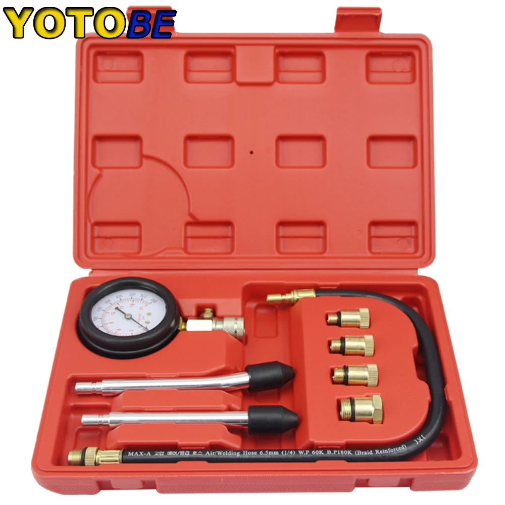 Gasoline Engine Compression Tester Auto Petrol Gas Engine Cylinder Automobile Pressure Gauge Tester with M10 M12 M14 M18 Adapter