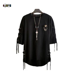 Idopy Korean Fashion Men`s Street Style Lace Punk Gothic Pullover Designer Steampunk Hem Hip Hop Sweatshirts Shirts Tees