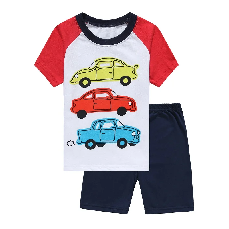 2026 Summer Boys Pajamas Sets Short Sleeve Children\'s Sleepwear 100% Cotton Kids Pijama Boy Pyjama Red Vehicle nightgown bottom