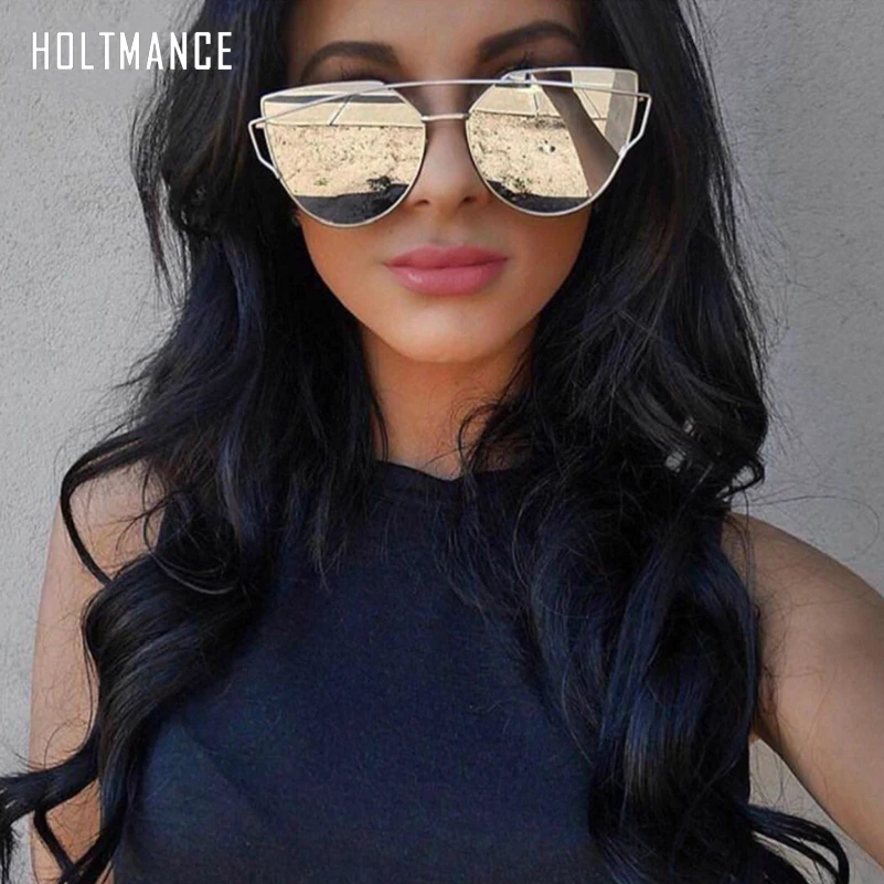 

Vintage Cat Eye Sunglasses Women Retro Mirror Glasses Metal Reflective Flat Lens Polygon Sun Glasses Brand Female Male Designer