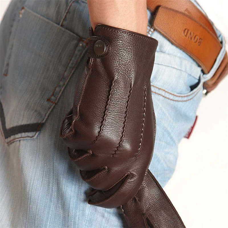 New High Quality Rushed Men Genuine Leather Gloves Luxury Deerskin Glove Wrist Driving Winter Cashmere Lining EM012WR-5