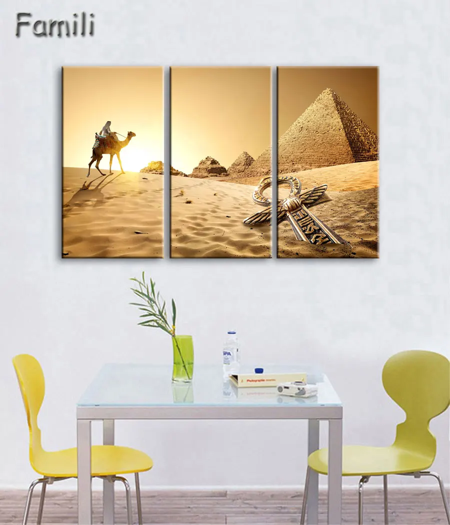 3 pcs/set Art Egypt Pyramids Camel Print Canvas Oil Painting Unframed Wall Pictures for Living Room Top Wall Decor Animal Poster