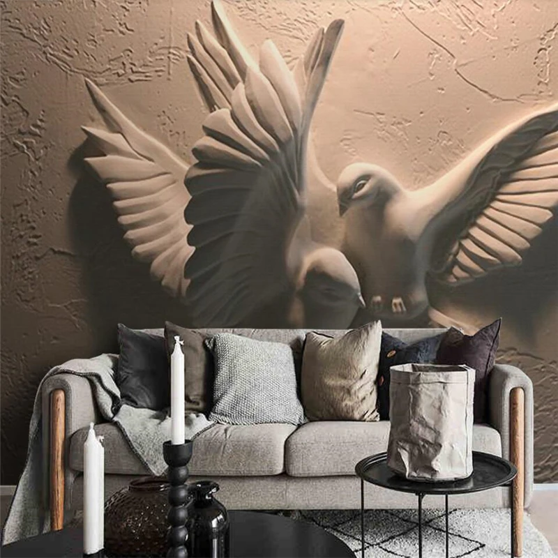 

wellyu 3D three-dimensional relief flying dove TV sofa background wall custom large mural green wallpaper papel de parede