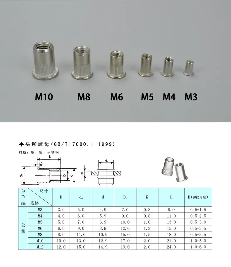 30 Uds M3 M4 M5 M6 M8 M10 304 tuercas de remache de cabeza plana de acero inoxidable tapa de inserción de remache