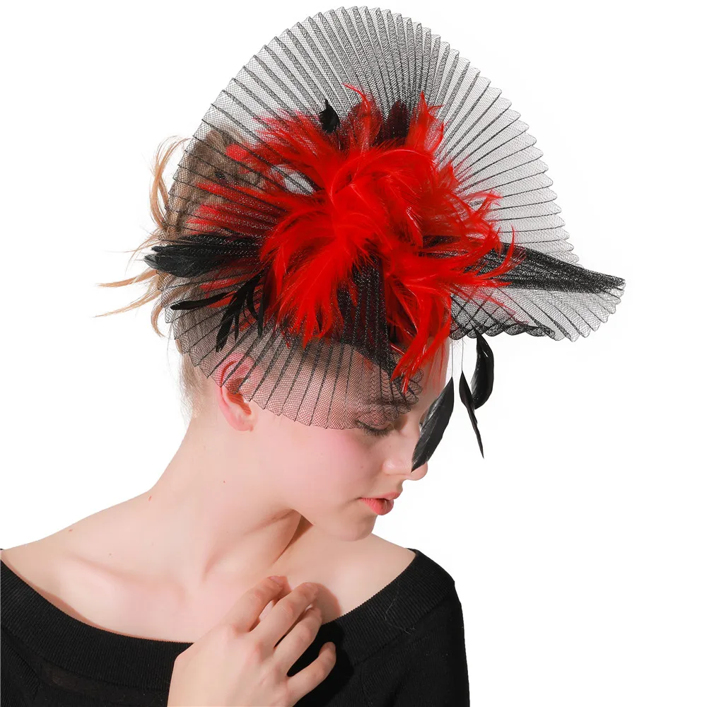 Kenducky Derby Headpiece For Party Chapeau Wedding Women Red And Black Fascinators Ladies Bridal Mesh Headwear With Headbands