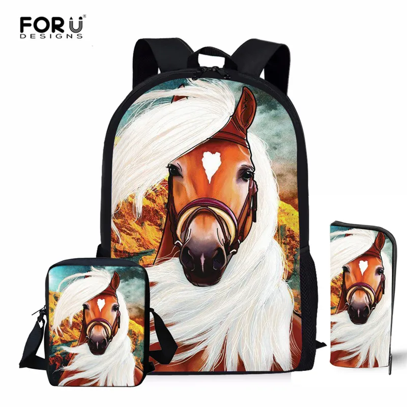 FORUDESIGNS Horse 3D Printing Women Children Backpacks Pencil Bag 3Pcs/set Portfolio School Bags For Boys Girls Bookbag Satchel