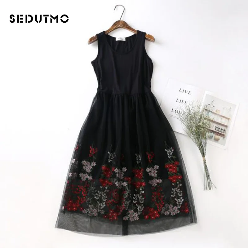 SEDUTMO Embroidery Gauze Lace Dress Women Spring Tunic Spaghetti Strap Dresses Long Beach Sundress Summer Party Dress ED097