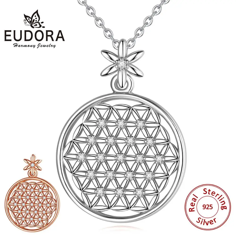 EUDORA 925 Sterling Silver Rose gold Color Silver Color Flower of Life Pendant Necklace with Cz Seed of Life Necklaces Jewelry