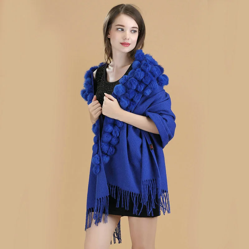 New Burgundy High Quality Women\'s 100% Wool Rabbit Fur Balls Pashmina With Fine Tassel Thick Shawl Scarf Warm Fashion Wool Shawl