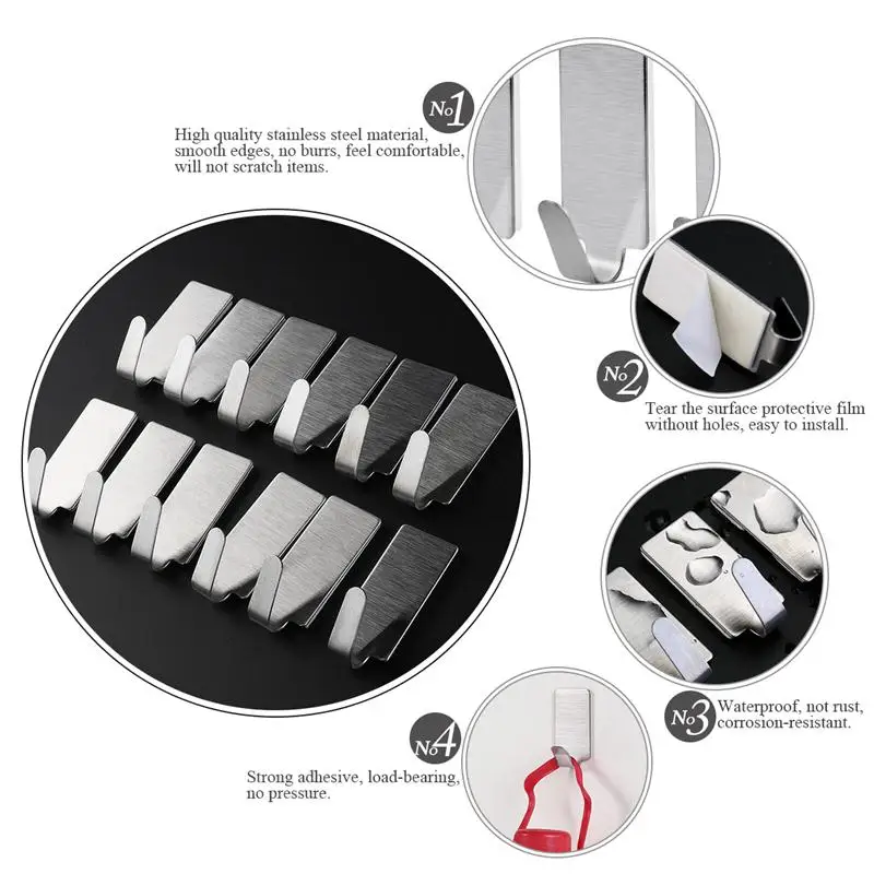 OUNONA-스테인레스 스틸 벽걸이 후크, 접착식 수건 걸이 키 코트 모자 걸이 문 주방 욕실 후크, 12 개
