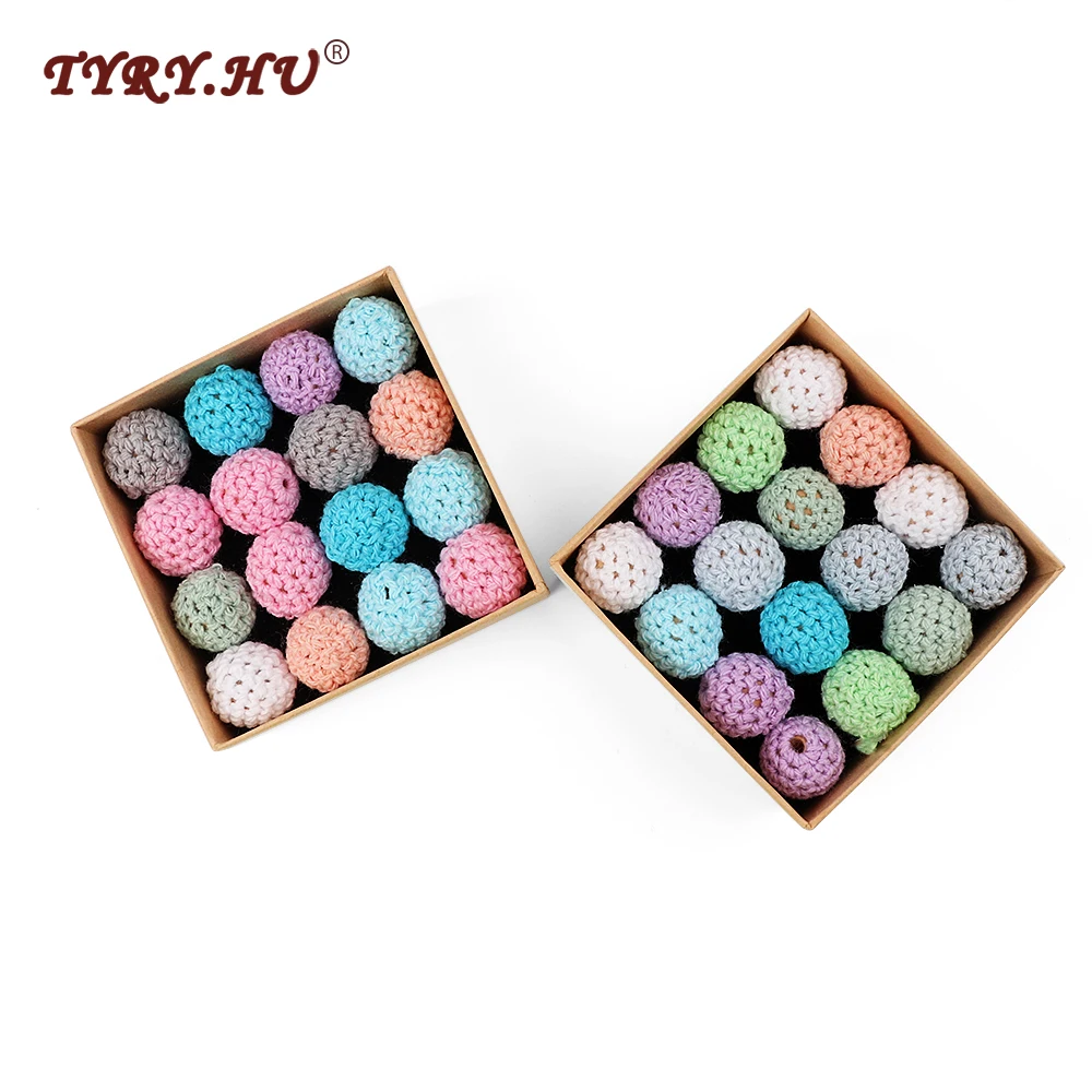 TYRY.HU Handmade Crochet Beads 20PC Elegant Wooden Beads 16mm Ball Knitted By Cotton Thread for DIY Jewellery Making Ecofriendly