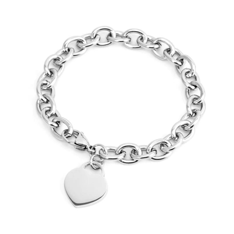 Stainless Steel women bracelet JEWELRY heart tag bracelet Rolo cable femme with tags bangle for couples Chain & Link Bracelets