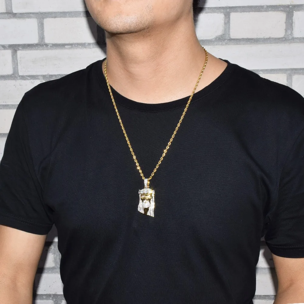 Bubble Letter Iced Religious Jesus Head Pendant Necklace Gold Color Bling Cubic Zircon Men\'s Hip Hop Jewelry For Gift