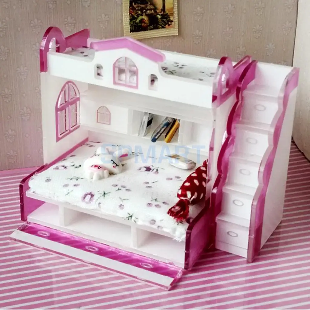 

1/12 Scale Dollhouse Miniature Double Bunk Bed Model for Dolls House Bedroom Furniture Life Scenes Decoration Room Accessory #2