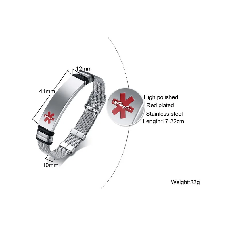 Vnox-調整可能なステンレス鋼の医療用時計バンド,女性と男性のための緊急ジュエリー,彫刻,送料無料