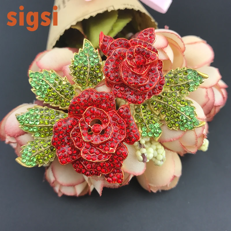 

100pcs / lot Free Shipping Large flower rhinestone brooch, rhinestone red rose broach pin, boutique wedding brooch