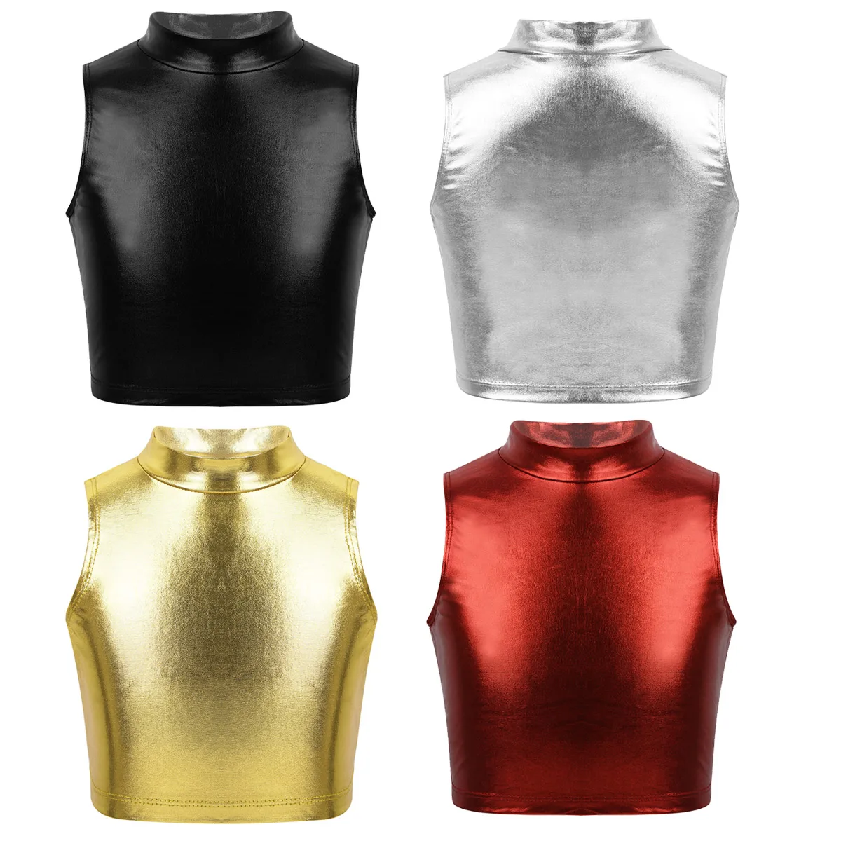 Kids Girls Metallic Sleeveless Turtleneck Crop Tank Tops for Ballet Dance Stage Performance Workout Gymnastics Leotard Dance Top