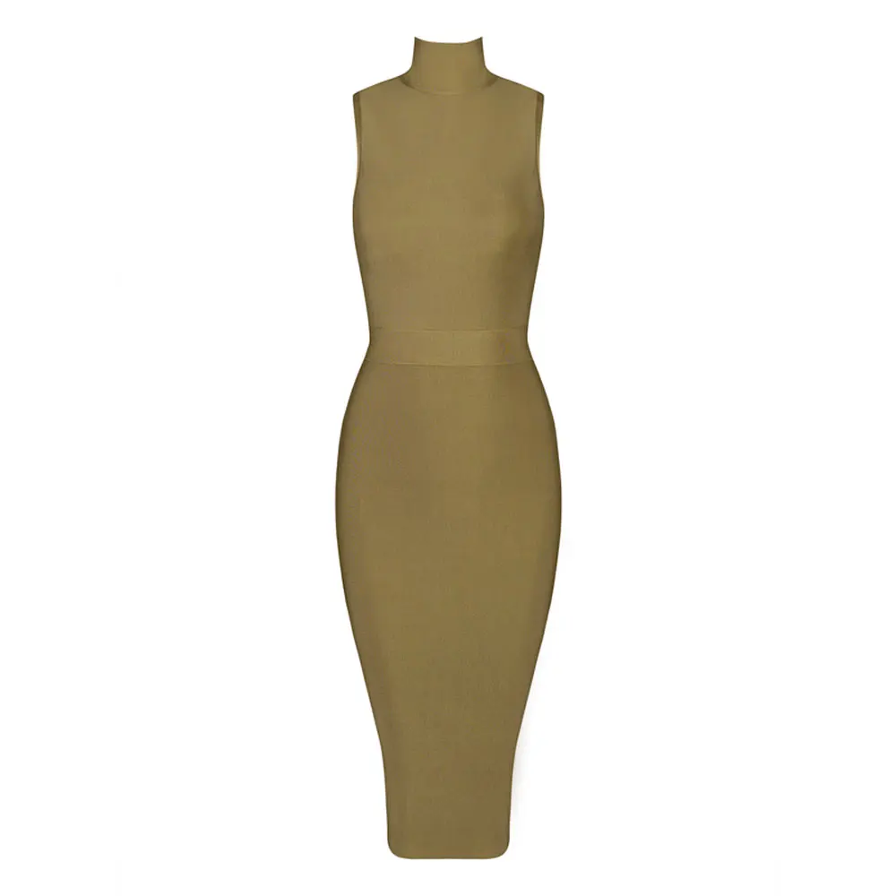 HQBORY Rayon women Green Olive Sleeveless Turtleneck bandage dress Midi HL Bodycon Bandage Dress vestidos