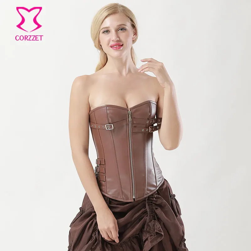 

6XL Plus Size Sexy Corsets Brown Faux Leather Steampunk Corset Zipper Steel Boned Corselete Feminino Espartilhos Gothic Clothing