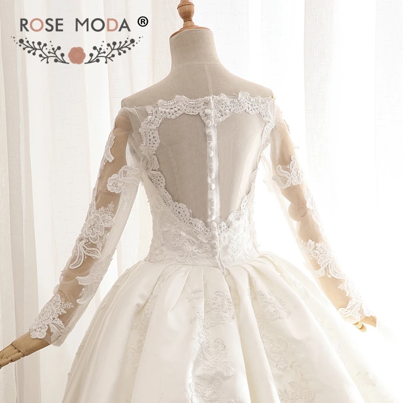 Rose Moda Real Photos Luxury Long Sleeves Wedding Ball Gown with 3M Royal Train Heart Shape Back Custom Make